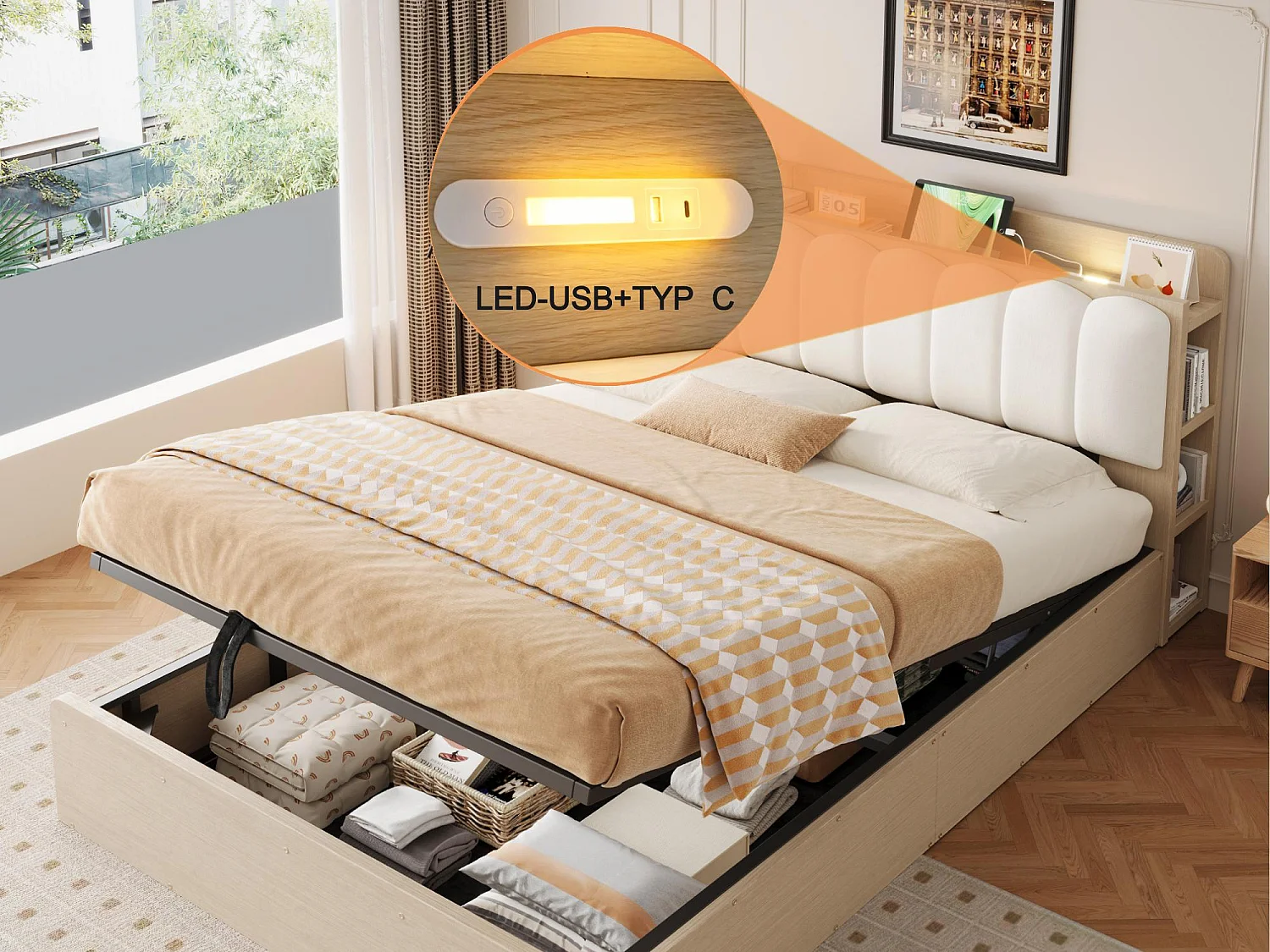 Lit Coffre Adulte en Bois avec Rangement, Port USB et Veilleuse Intégrée - Tête de Lit Rembourrée Velours - Lit Double 140x200 cm