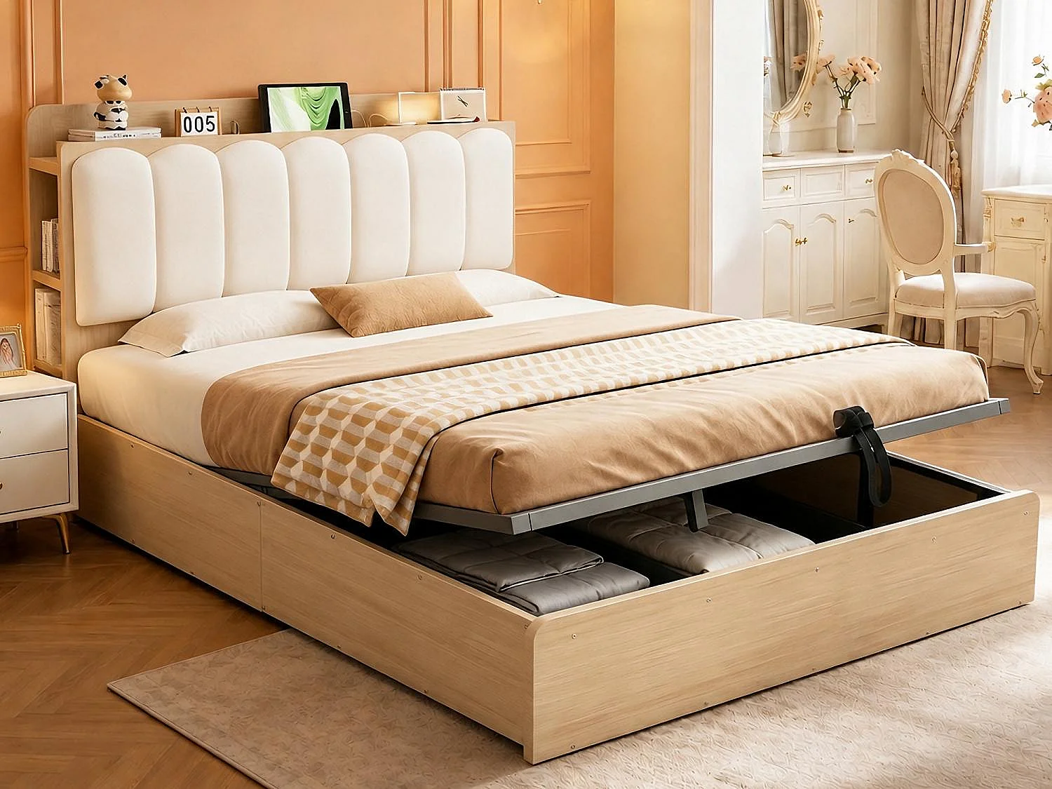 Lit Coffre Adulte en Bois avec Rangement, Port USB et Veilleuse Intégrée - Tête de Lit Rembourrée Velours - Lit Double 140x200 cm
