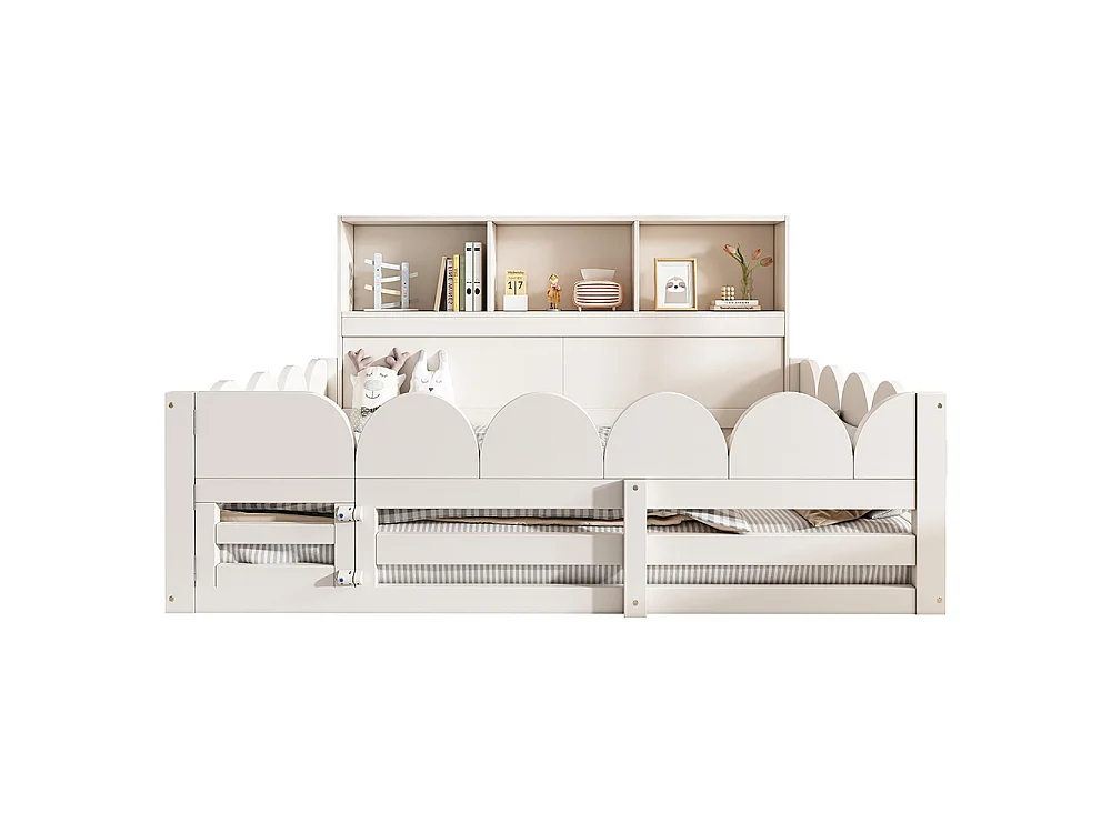 Letto basso per bambini, letto in legno con sponde di sicurezza e porta, rete a doghe con ripiano, bianco - 140 x 200 cm