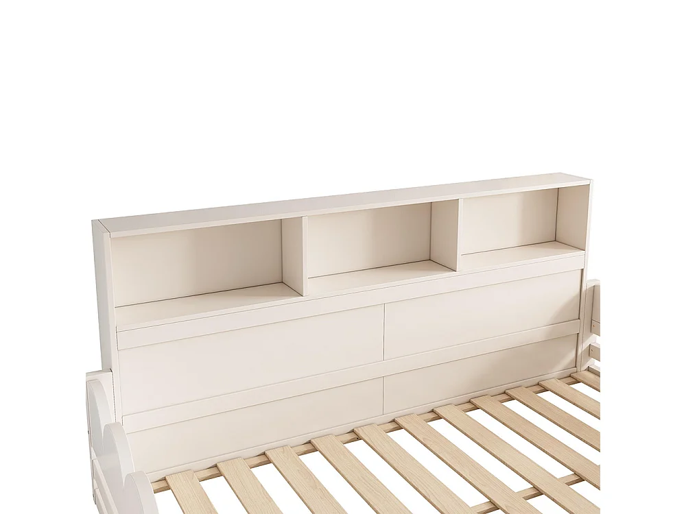 Letto basso per bambini, letto in legno con sponde di sicurezza e porta, rete a doghe con ripiano, bianco - 140 x 200 cm
