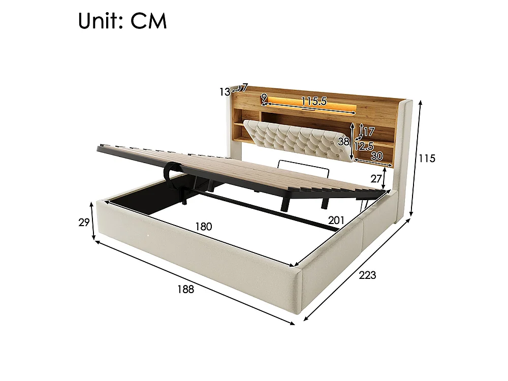 Lit adulte avec fonction de recharge USB/Type-C, en lin, couleur beige - 180 x 200 cm