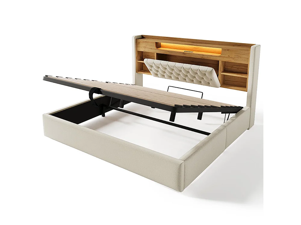 Lit adulte avec fonction de recharge USB/Type-C, en lin, couleur beige - 180 x 200 cm
