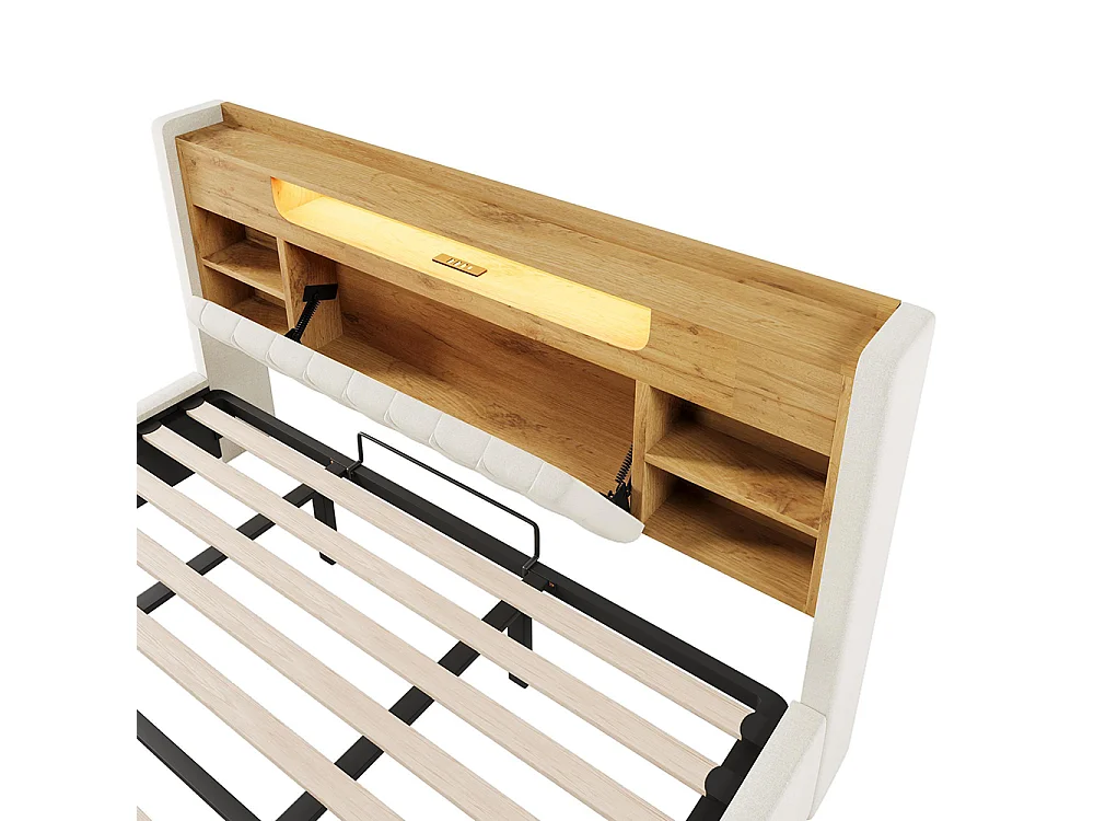 Lit adulte avec fonction de recharge USB/Type-C, en lin, couleur beige - 180 x 200 cm