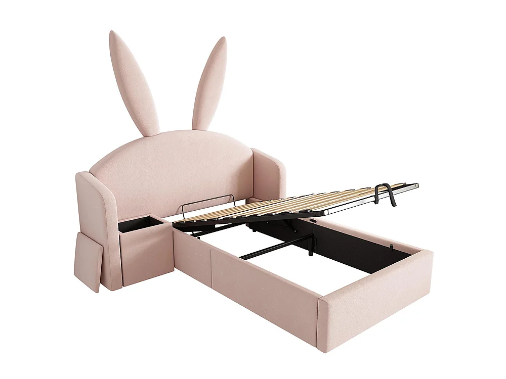 Lit d'enfant, lit capitonné avec table de chevet et oreilles de lapin, velours, Rose - 90 x 200 cm