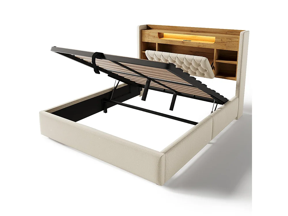 Lit adulte avec fonction de recharge USB/Type-C, en lin, couleur beige - 140 x 200 cm