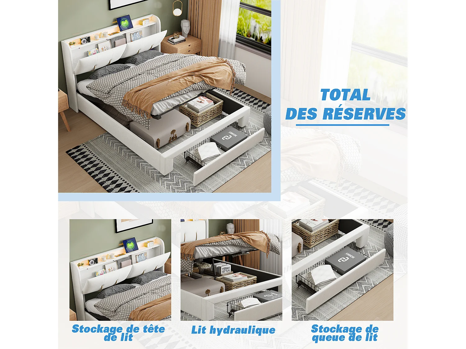 Lit 160×200 cm avec LED, USB et rangement – Sommier à lattes et tiroirs,Beige velour, lit double