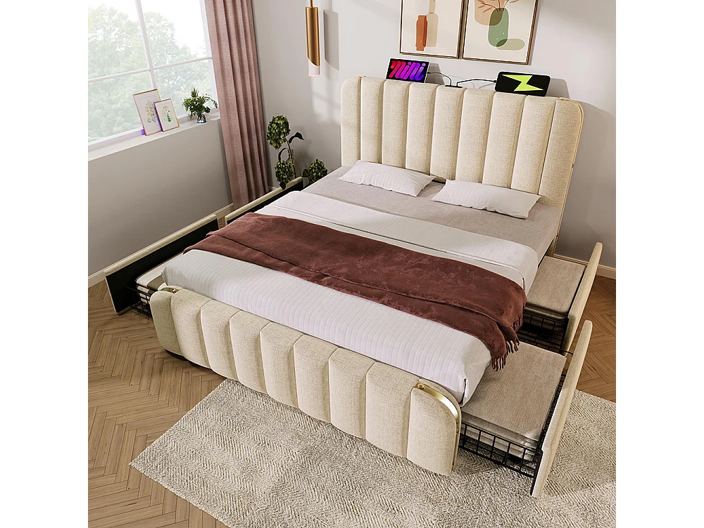 Lit adulte, avec bordures dorées, port USB Type-C, en lin, avec 4 tiroirs, beige - 140 × 190 cm