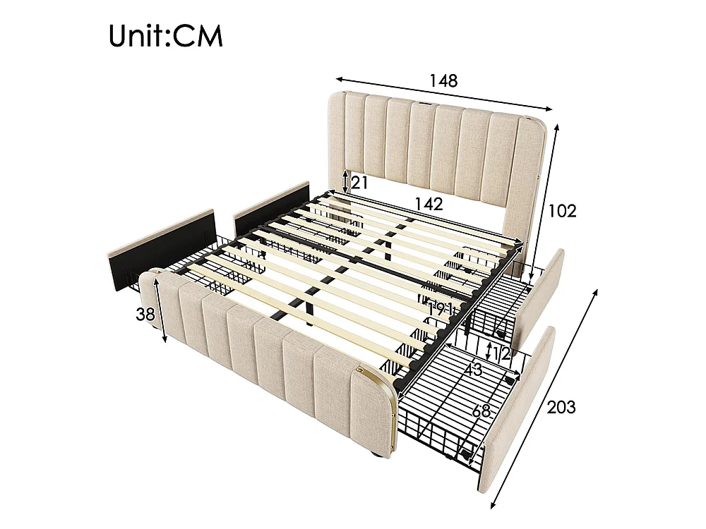 Lit adulte, avec bordures dorées, port USB Type-C, en lin, avec 4 tiroirs, beige - 140 × 190 cm