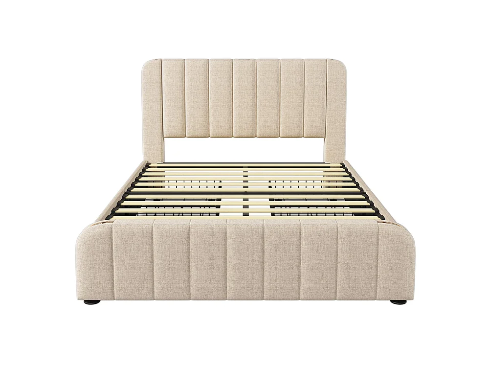 Lit adulte, avec bordures dorées, port USB Type-C, en lin, avec 4 tiroirs, beige - 140 × 190 cm