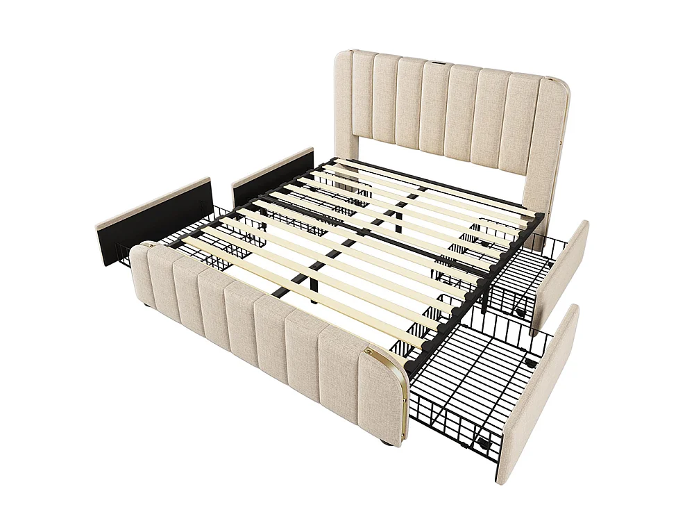 Lit adulte, avec bordures dorées, port USB Type-C, en lin, avec 4 tiroirs, beige - 140 × 190 cm
