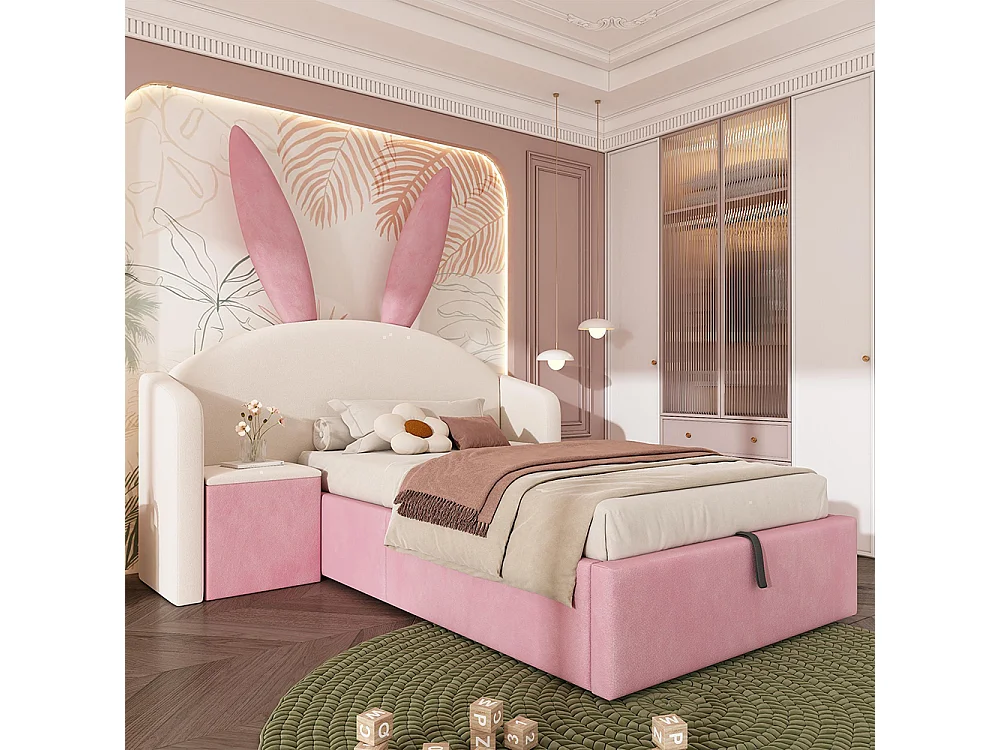 Lit d'enfant, lit capitonné avec table de chevet et oreilles de lapin, velours, beige+rose - 90 x 190 cm