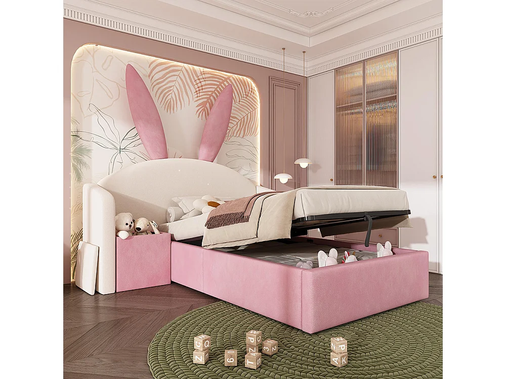 Lit d'enfant, lit capitonné avec table de chevet et oreilles de lapin, velours, beige+rose - 90 x 190 cm
