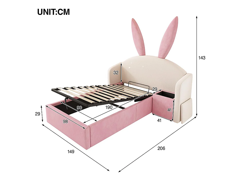 Lit d'enfant, lit capitonné avec table de chevet et oreilles de lapin, velours, beige+rose - 90 x 190 cm