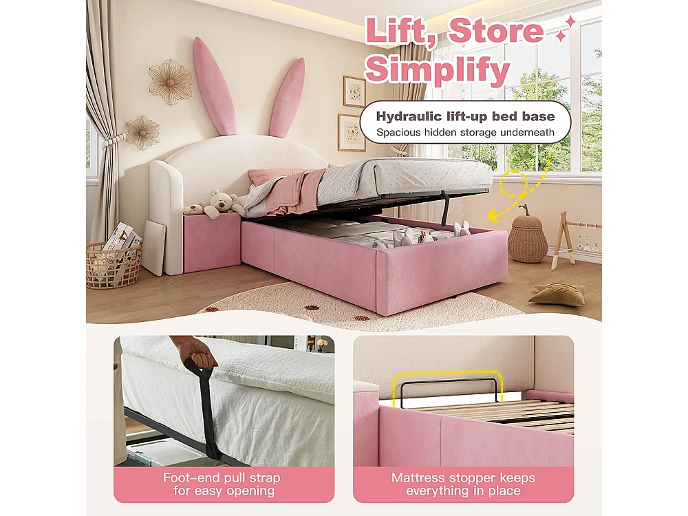 Lit d'enfant, lit capitonné avec table de chevet et oreilles de lapin, velours, beige+rose - 90 x 190 cm