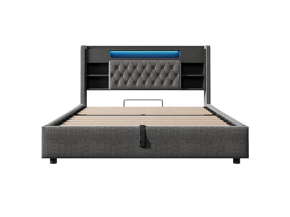 Lit adulte avec fonction de recharge USB/Type-C, en lin, couleur gris - 140 x 190 cm