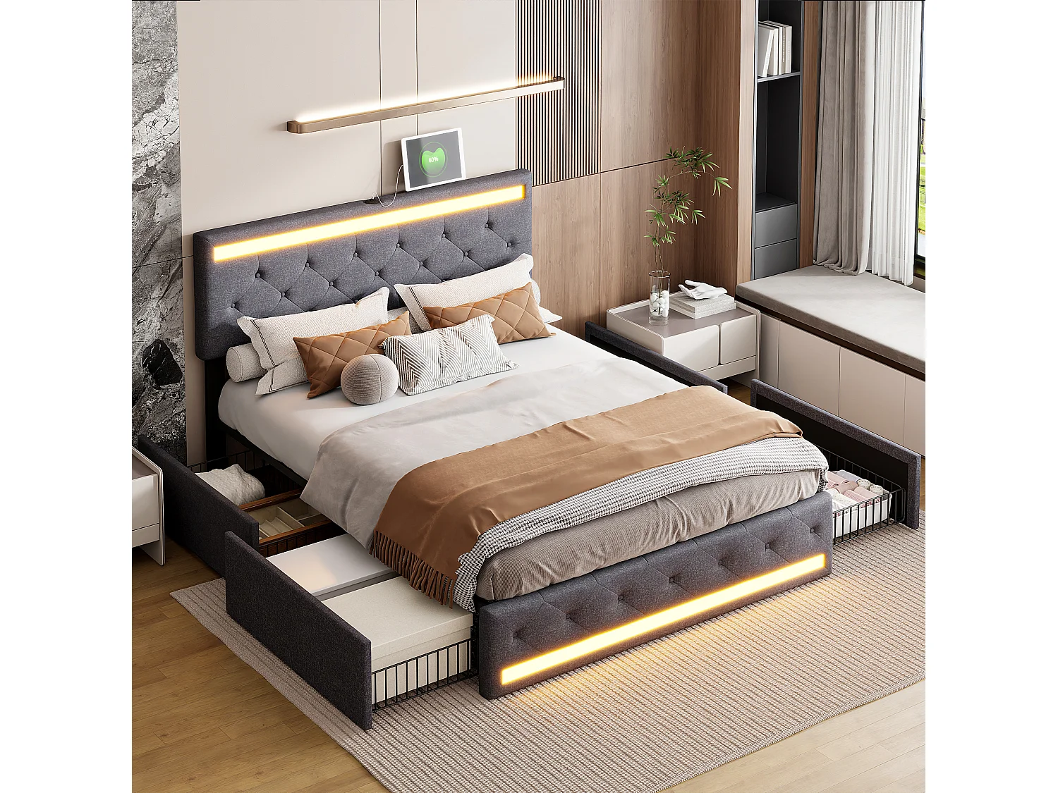 Lit Double 180x200 avec éclairage LED et Fonction de Charge USB, lit rembourré avec 4 Tiroirs Rangement et Sommier à Lattes,lit 2 Personne,Gris