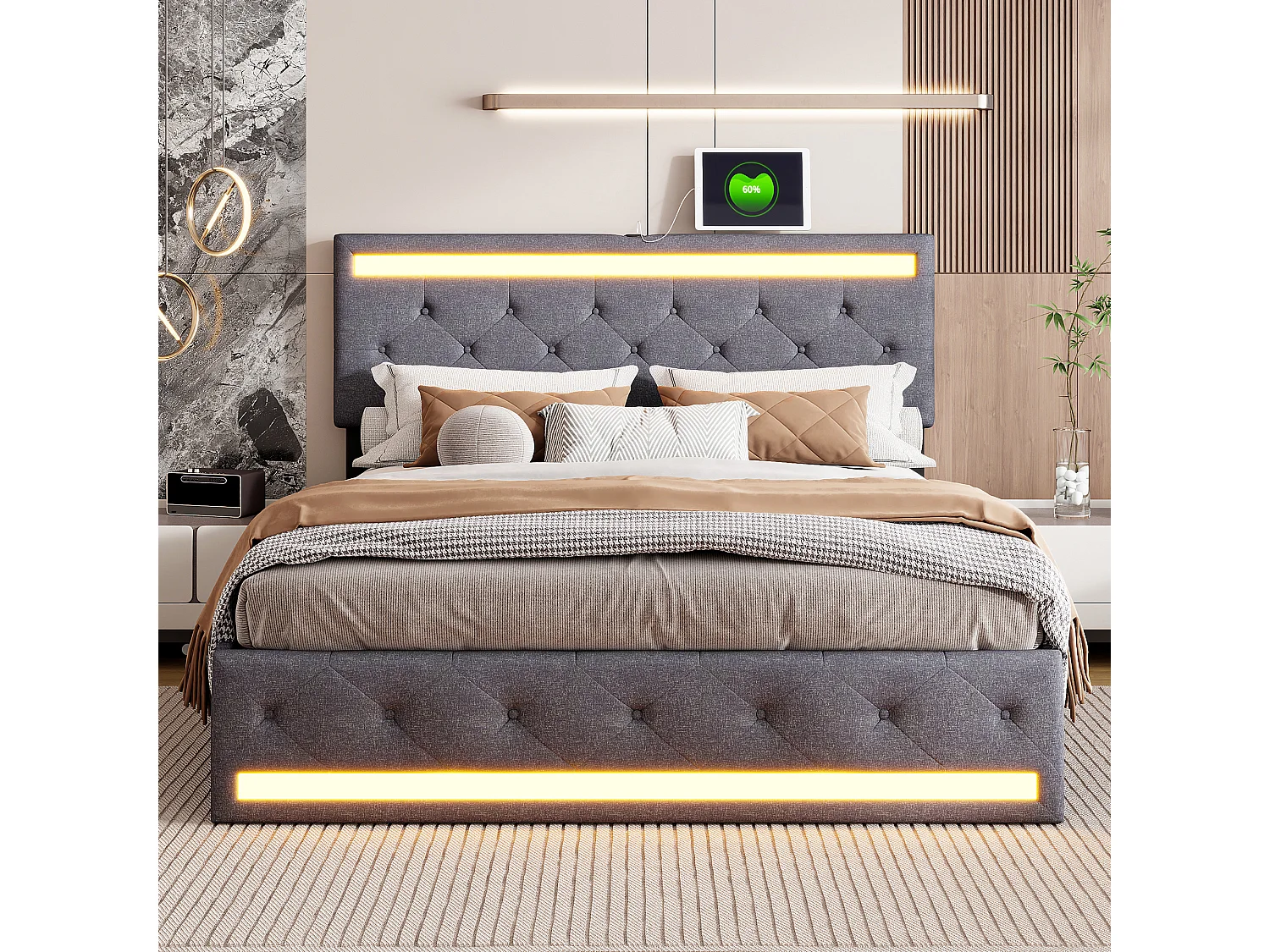 Lit Double 180x200 avec éclairage LED et Fonction de Charge USB, lit rembourré avec 4 Tiroirs Rangement et Sommier à Lattes,lit 2 Personne,Gris