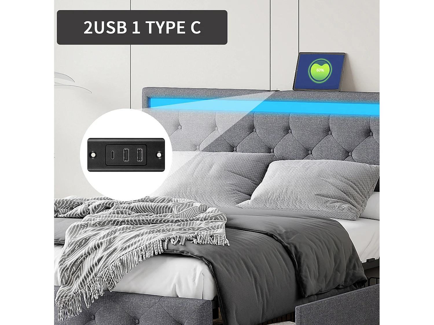 Lit Double 180x200 avec éclairage LED et Fonction de Charge USB, lit rembourré avec 4 Tiroirs Rangement et Sommier à Lattes,lit 2 Personne,Gris
