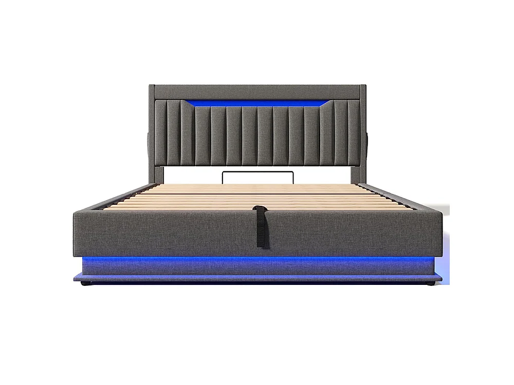 Lit adulte, avec ports USB et Type-C, éclairage LED à la tête et au pied du lit, tissu en lin, gris-140 × 190 cm