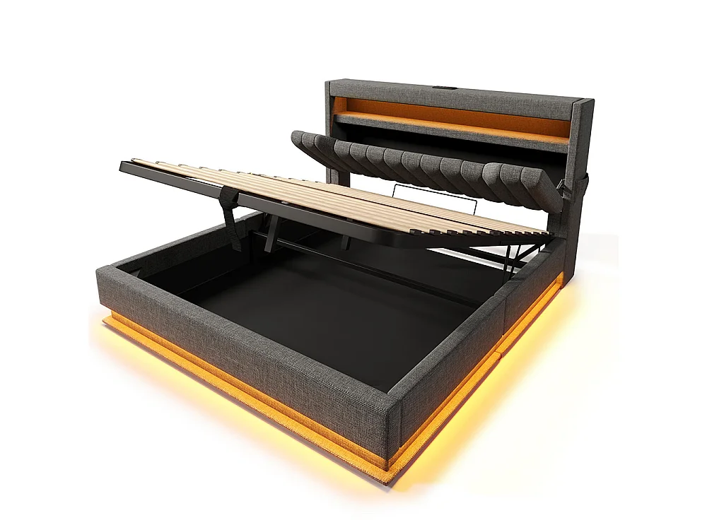 Lit adulte, avec ports USB et Type-C, éclairage LED à la tête et au pied du lit, tissu en lin, gris-140 × 190 cm