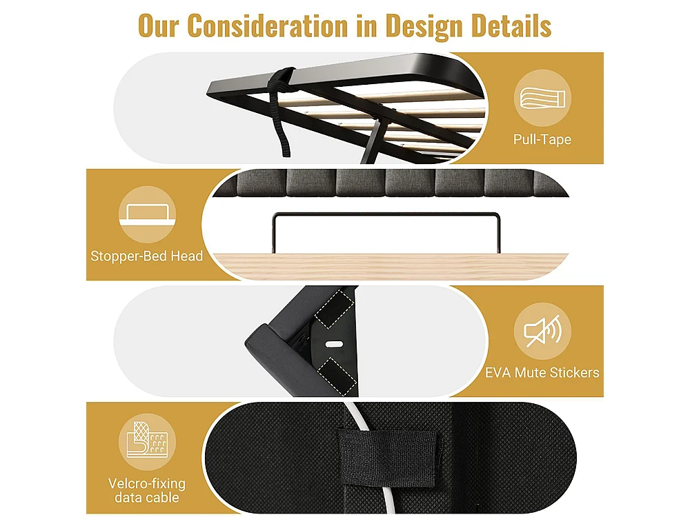 Lit adulte, avec ports USB et Type-C, éclairage LED à la tête et au pied du lit, tissu en lin, gris-140 × 190 cm
