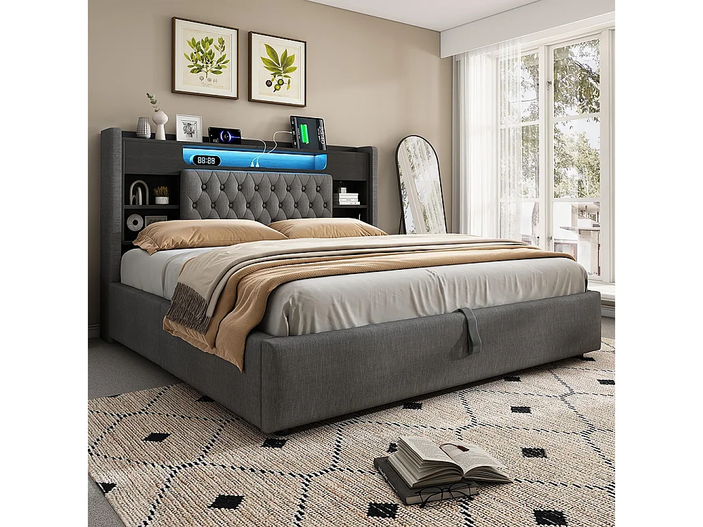 Lit adulte avec fonction de recharge USB/Type-C, en lin, couleur gris - 140 x 200 cm