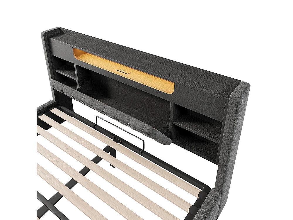 Lit adulte avec fonction de recharge USB/Type-C, en lin, couleur gris - 140 x 200 cm
