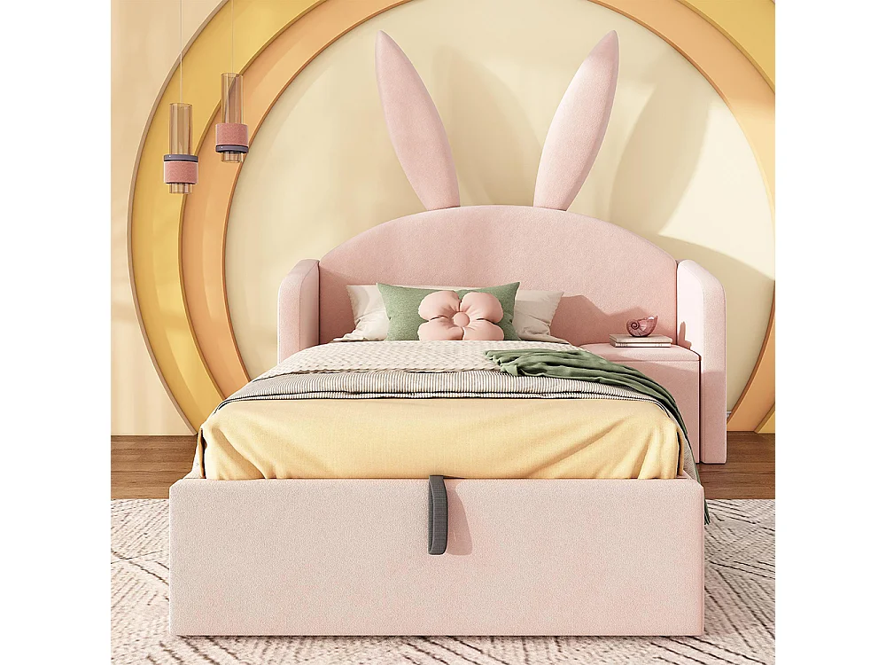 Lit d'enfant, lit capitonné avec table de chevet et oreilles de lapin, velours, Rose - 90 x 190 cm