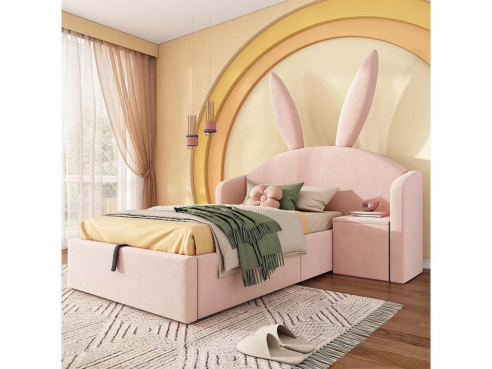 Lit d'enfant, lit capitonné avec table de chevet et oreilles de lapin, velours, Rose - 90 x 190 cm