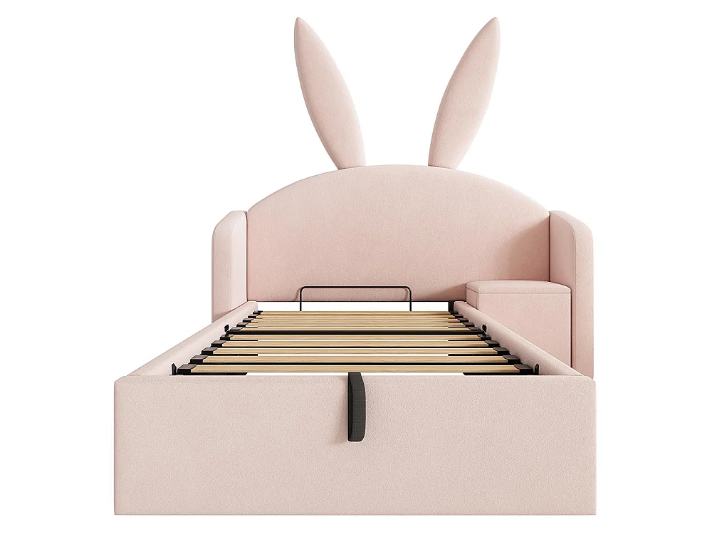 Lit d'enfant, lit capitonné avec table de chevet et oreilles de lapin, velours, Rose - 90 x 190 cm