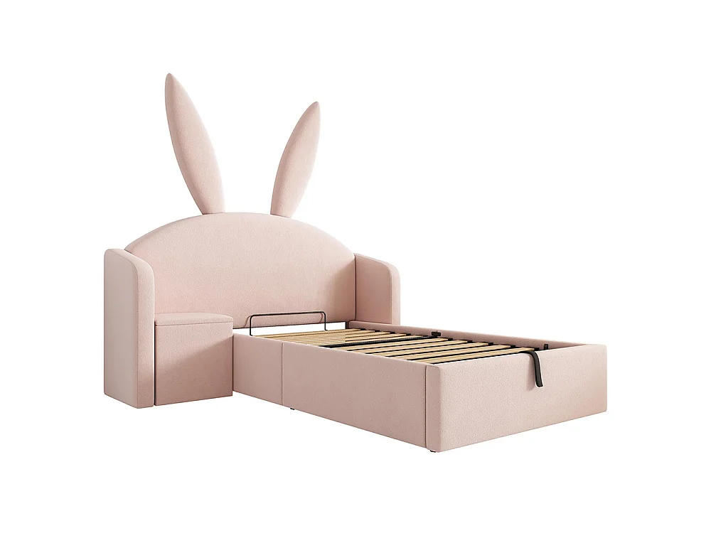 Lit d'enfant, lit capitonné avec table de chevet et oreilles de lapin, velours, Rose - 90 x 190 cm