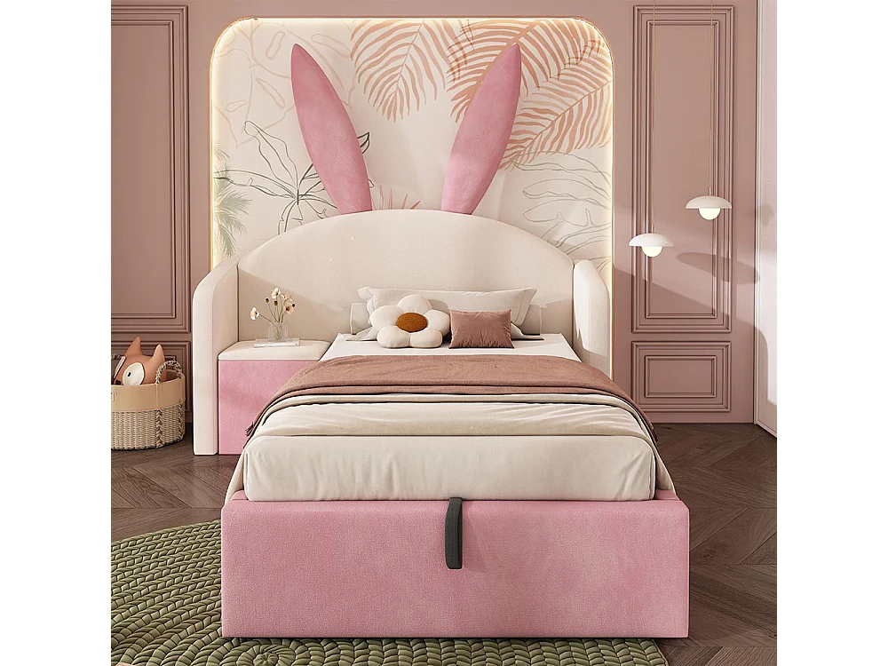Lit d'enfant, lit capitonné avec table de chevet et oreilles de lapin, velours, beige+rose - 90 x 200 cm
