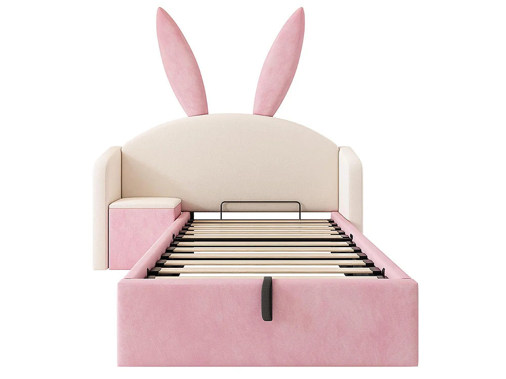 Lit d'enfant, lit capitonné avec table de chevet et oreilles de lapin, velours, beige+rose - 90 x 200 cm