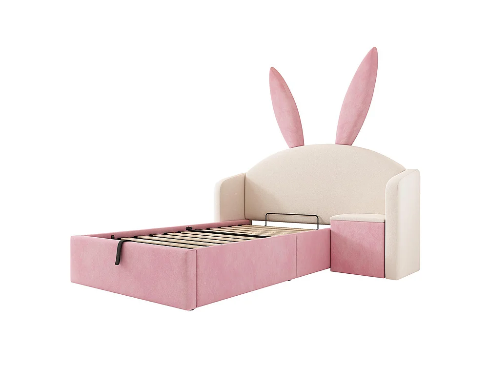 Lit d'enfant, lit capitonné avec table de chevet et oreilles de lapin, velours, beige+rose - 90 x 200 cm