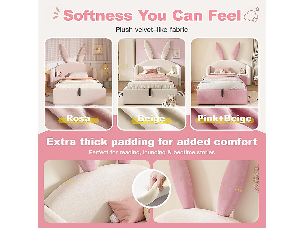 Lit d'enfant, lit capitonné avec table de chevet et oreilles de lapin, velours, beige+rose - 90 x 200 cm