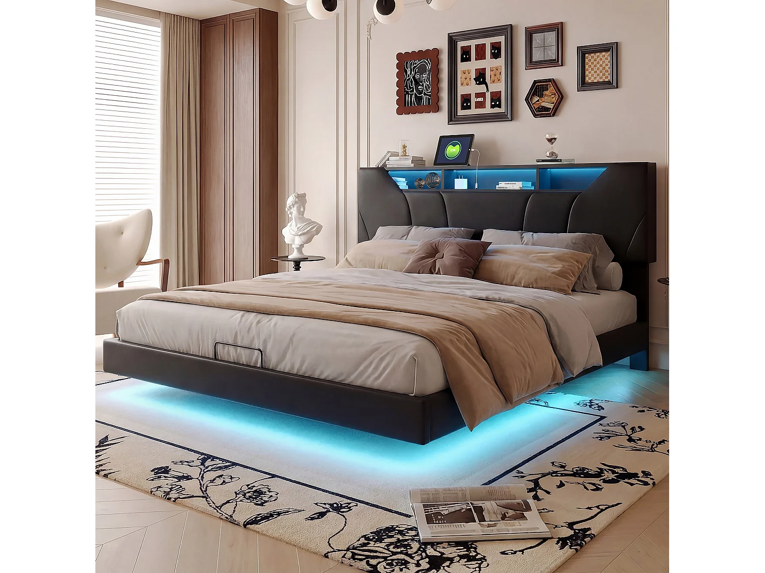 Lit flottant 160x200 cm en pu noir, Tête de lit avec rangement Lit Double avec LED, Hauteur de tête de lit ajustable, Sommier à lattes inclus
