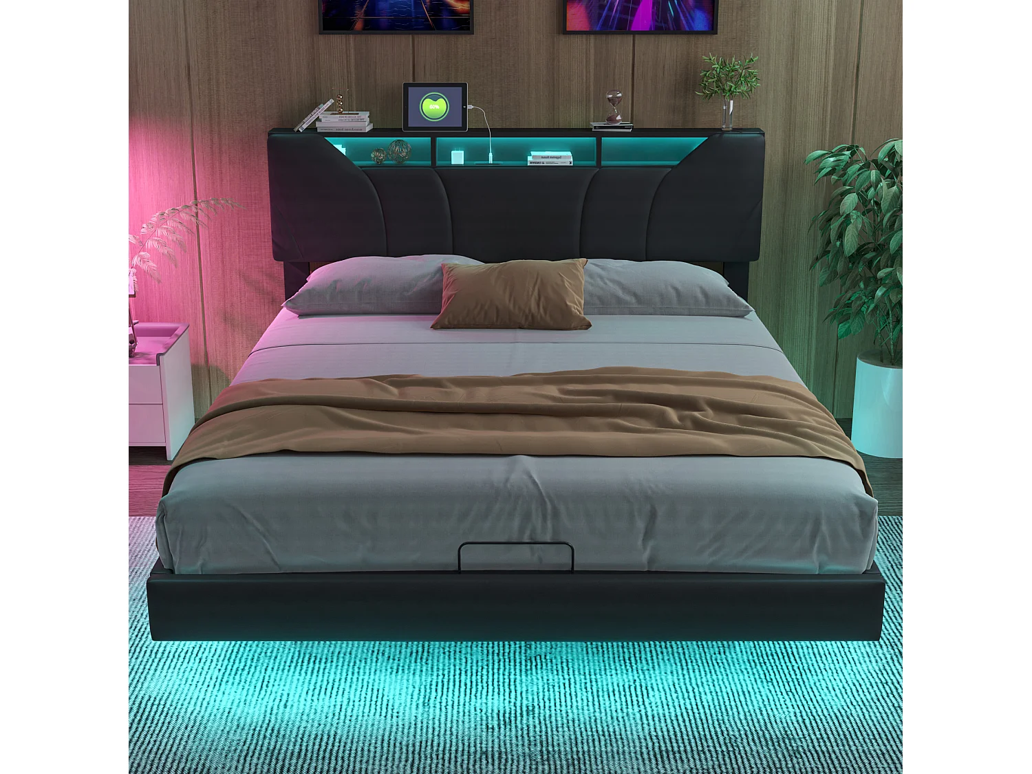Lit flottant 160x200 cm en pu noir, Tête de lit avec rangement Lit Double avec LED, Hauteur de tête de lit ajustable, Sommier à lattes inclus