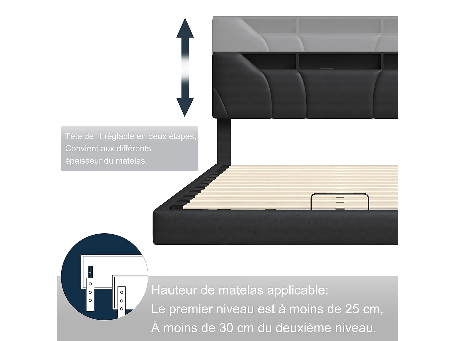 Lit flottant 160x200 cm en pu noir, Tête de lit avec rangement Lit Double avec LED, Hauteur de tête de lit ajustable, Sommier à lattes inclus