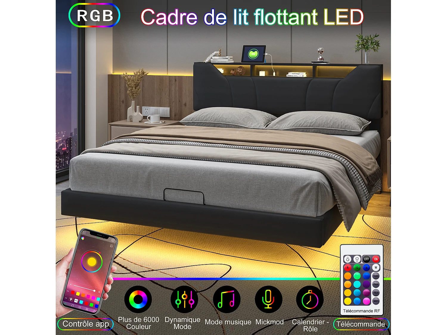 Lit flottant 160x200 cm en pu noir, Tête de lit avec rangement Lit Double avec LED, Hauteur de tête de lit ajustable, Sommier à lattes inclus