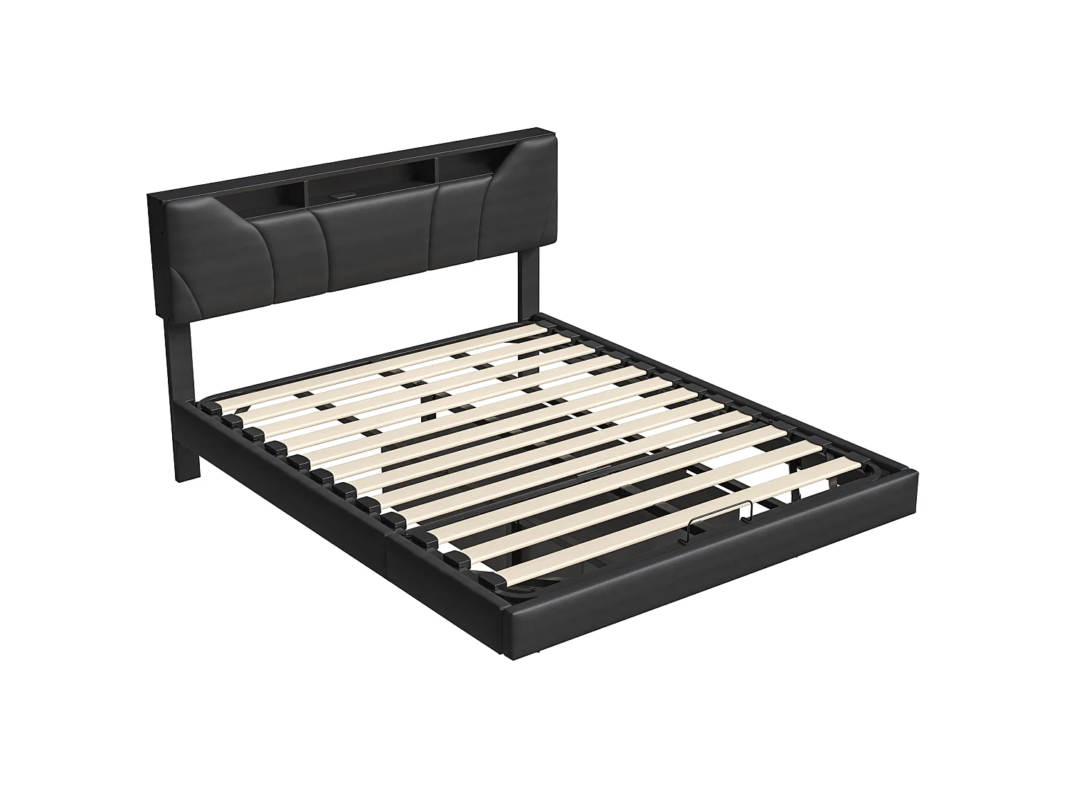 Lit flottant 160x200 cm en pu noir, Tête de lit avec rangement Lit Double avec LED, Hauteur de tête de lit ajustable, Sommier à lattes inclus
