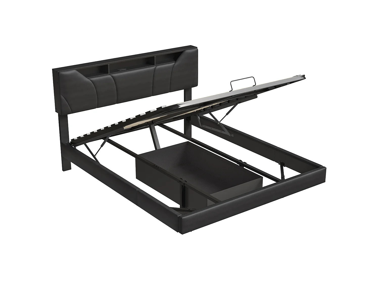Lit flottant 160x200 cm en pu noir, Tête de lit avec rangement Lit Double avec LED, Hauteur de tête de lit ajustable, Sommier à lattes inclus