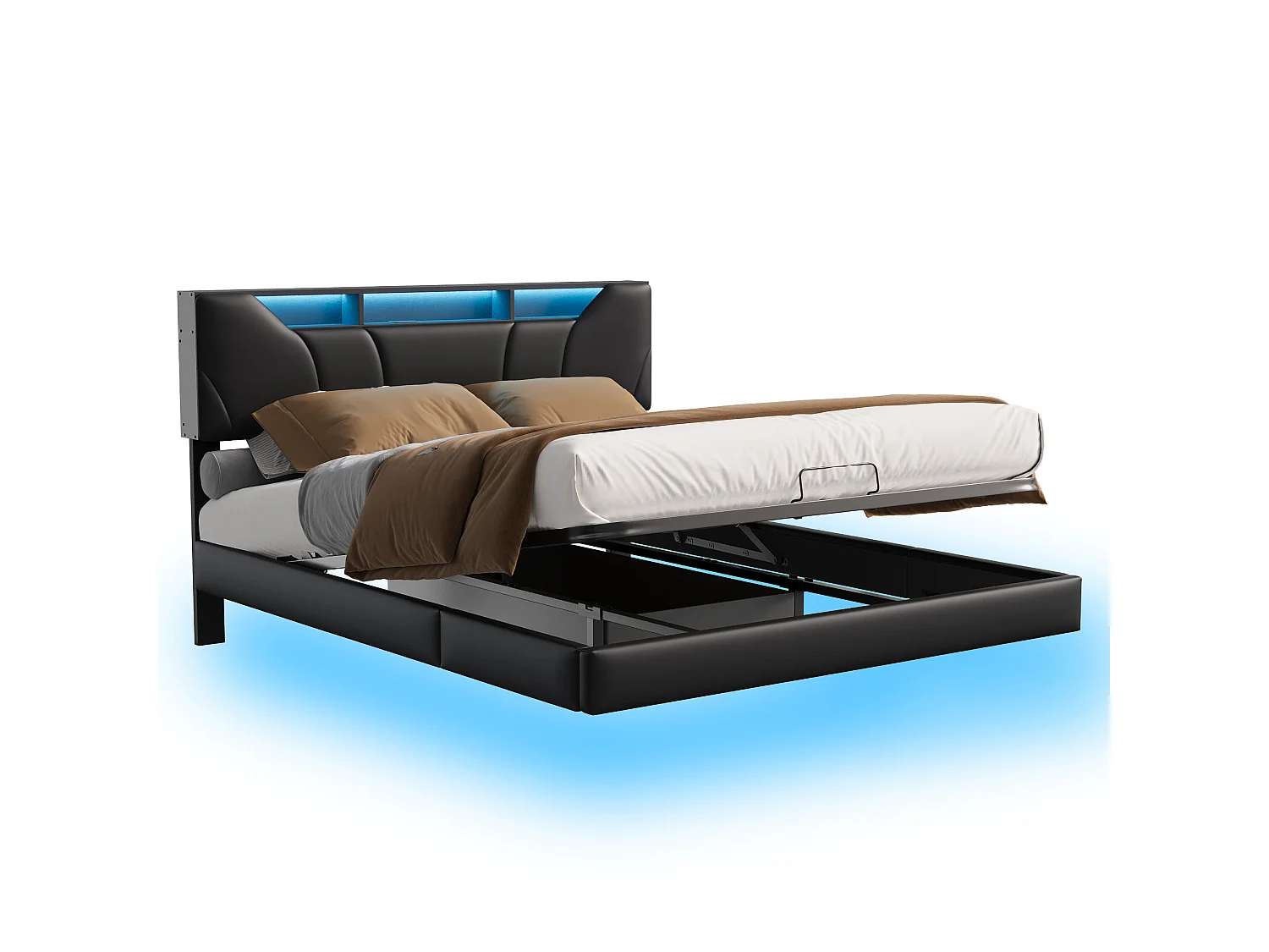 Lit flottant 160x200 cm en pu noir, Tête de lit avec rangement Lit Double avec LED, Hauteur de tête de lit ajustable, Sommier à lattes inclus