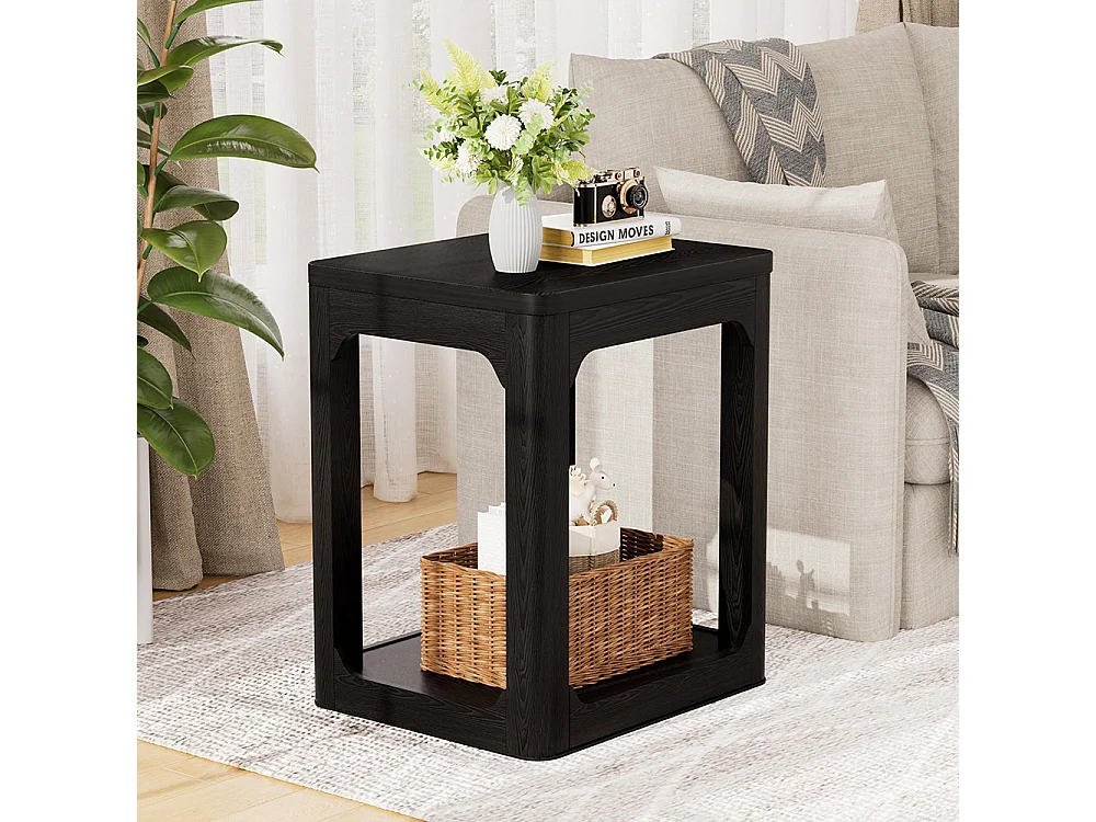 Lot de 2 tables d'appoint : une table de chevet avec un plateau de 3 cm d'épaisseur et une table d'appoint à deux niveaux pour le salon, noir