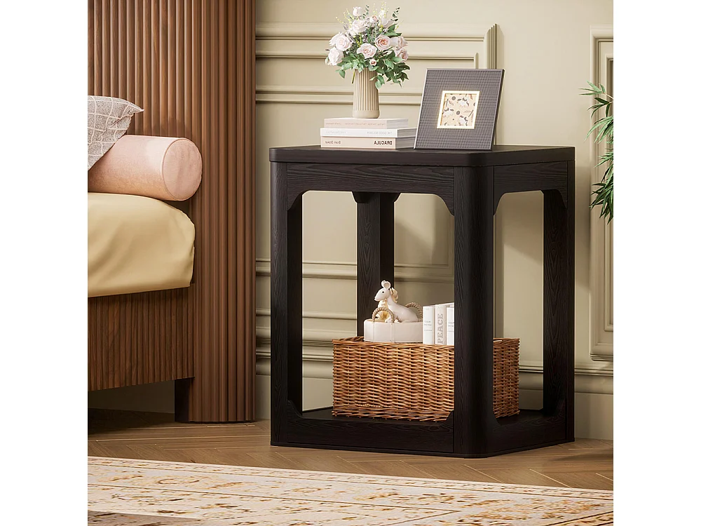 Lot de 2 tables d'appoint : une table de chevet avec un plateau de 3 cm d'épaisseur et une table d'appoint à deux niveaux pour le salon, noir