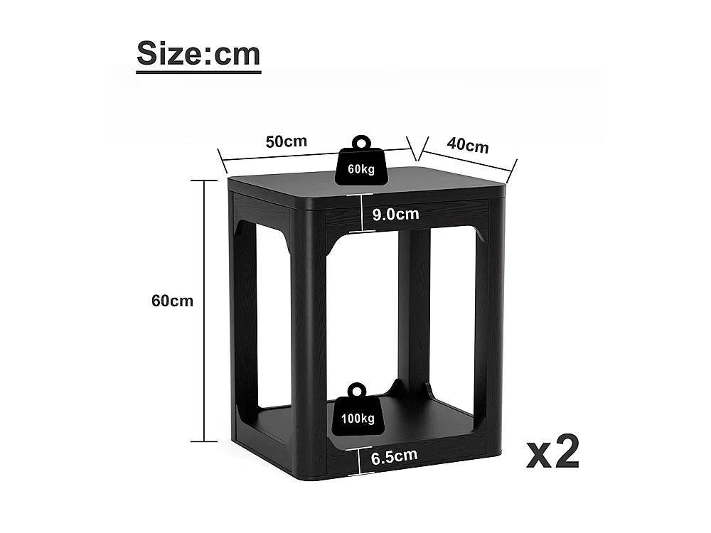 Lot de 2 tables d'appoint : une table de chevet avec un plateau de 3 cm d'épaisseur et une table d'appoint à deux niveaux pour le salon, noir