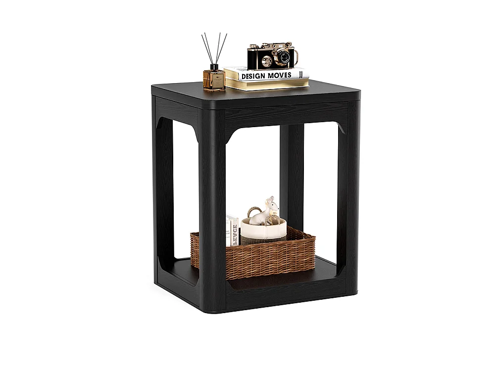 Lot de 2 tables d'appoint : une table de chevet avec un plateau de 3 cm d'épaisseur et une table d'appoint à deux niveaux pour le salon, noir