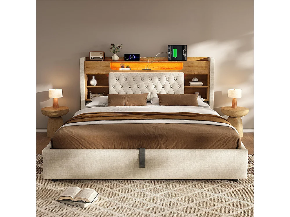 Lit adulte avec fonction de recharge USB/Type-C, en lin, couleur beige - 140 x 190 cm