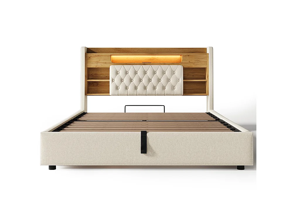 Lit adulte avec fonction de recharge USB/Type-C, en lin, couleur beige - 140 x 190 cm