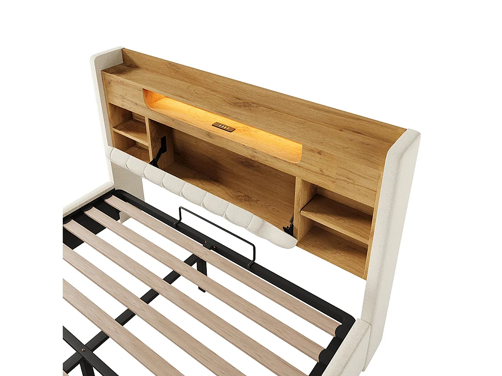 Lit adulte avec fonction de recharge USB/Type-C, en lin, couleur beige - 140 x 190 cm