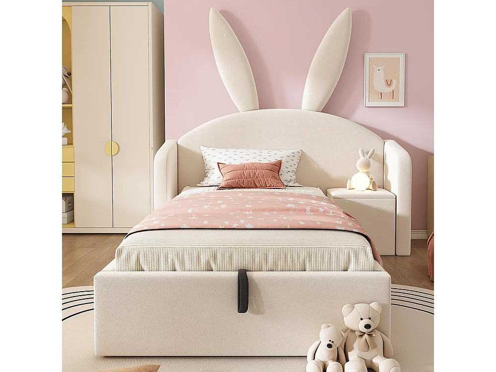 Lit d'enfant, lit capitonné avec table de chevet et oreilles de lapin, velours, beige - 90 x 200 cm